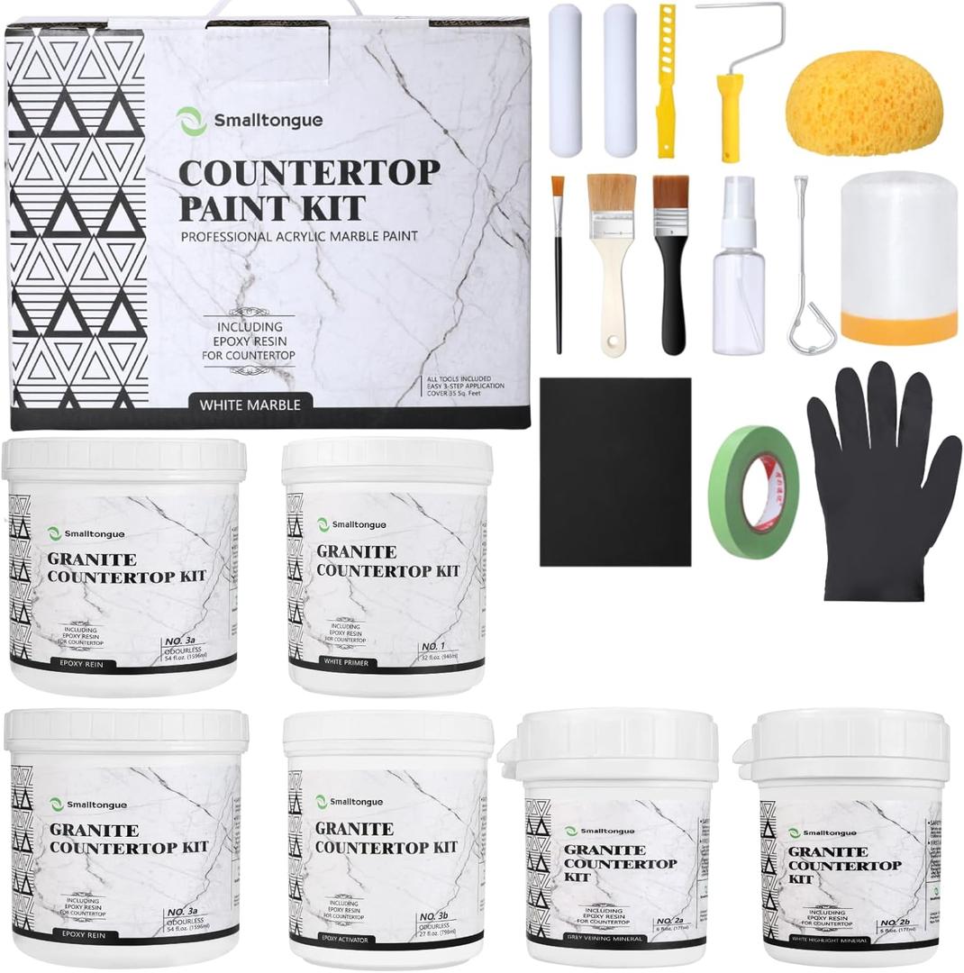 Smalltongue White Marble Countertop Paint Kit(Including Epoxy Resin), All-IN-ONE Set, Cover Up to 35 SQ. FT., For Marble, Granite, Formica, Laminate, Ceramic Tile etc.