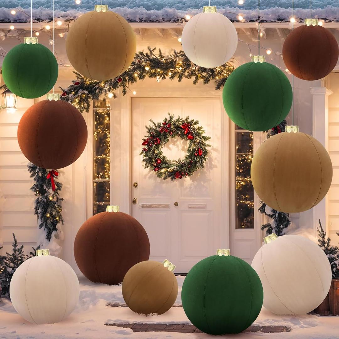 Jenaai 12 Pcs Giant Neutral Inflatable Velvet Christmas Ball Ornaments 9, 12, 16 Inch Large Xmas Inflatable Balls Blow up Flocked Christmas Ornaments for Holiday Outdoor Indoor Lawn Porch Decor