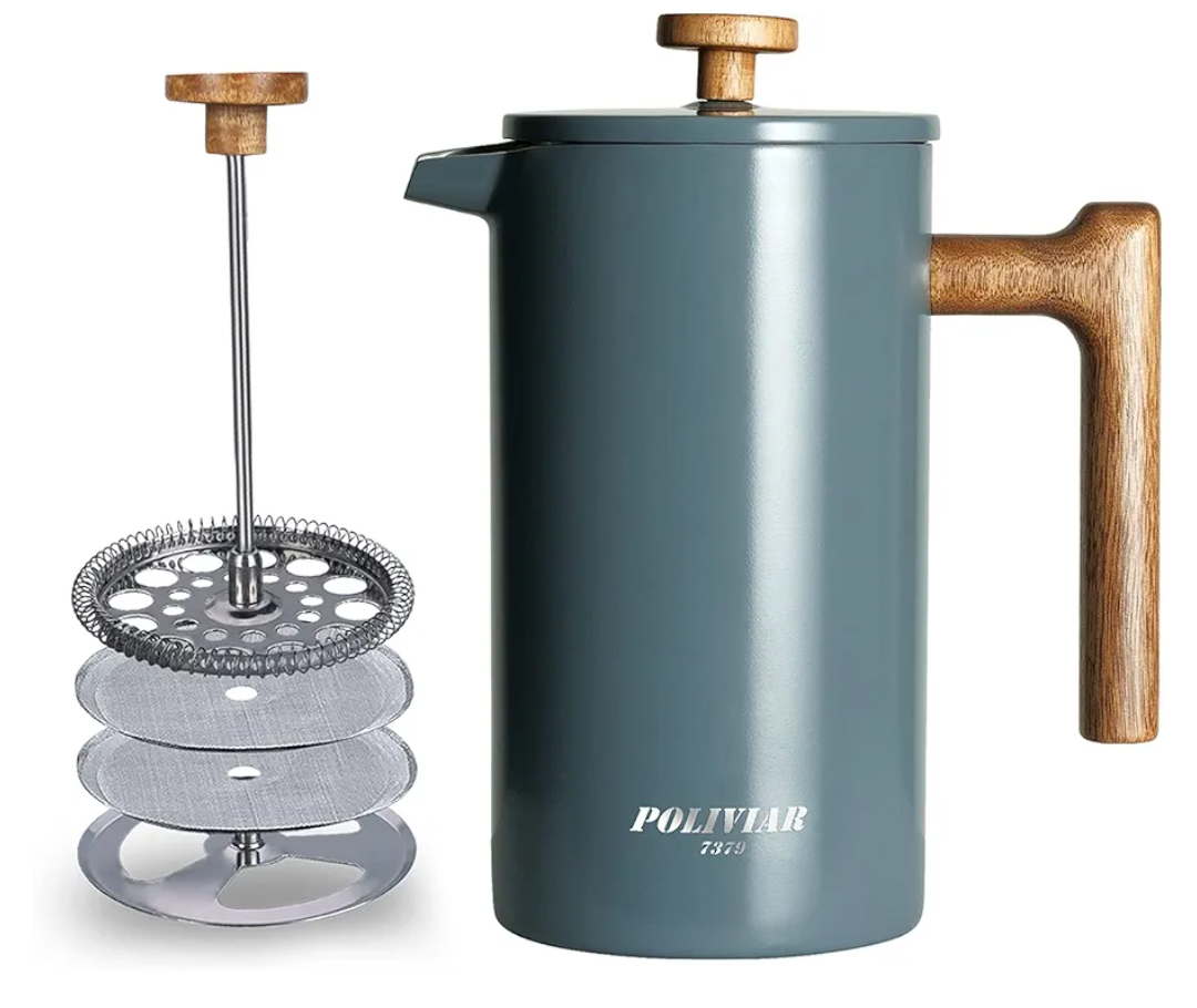 POLIVIAR French Press Coffee Maker, 34 oz Coffee Press with Real Wood Handle, Double Wall Insulation & Dual-Filter Screen, Food Grade Stainless Steel for Good Coffee and Tea (Alpline)