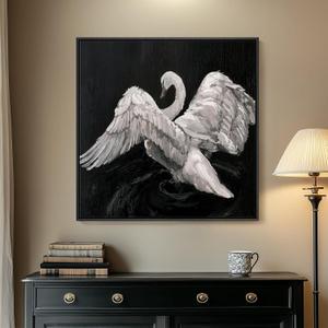 Framed Black and White Swan Wall Art, Square Modern Animal Canvas Painting Print for Living Room Fireplace Office Wall Decor, 30x30 Inch