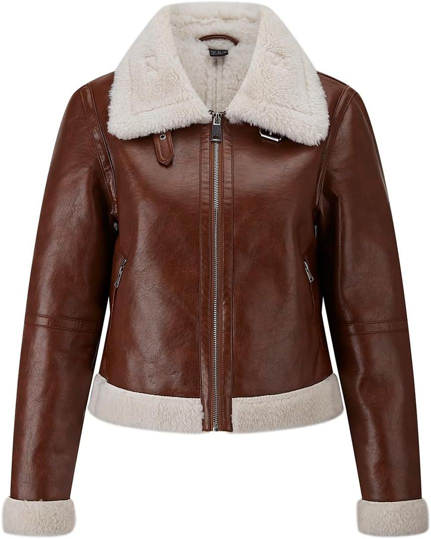 Women Fur Leather Jacket Shearing Cropped Faux Fur Lined Moto Biker Coat (Brown, M)