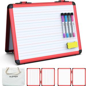 Dry Erase Board, 17x13 inch with 4 Sides Magnetic Whiteboard, A3 Foldable Small White Board with Lines, Perfect for Office, School, and Home. (Red)