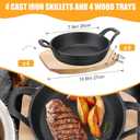 Sliner 4 Sets Mini Cast Iron Skillet Small Cast Iron Plates Skillet with Wooden Base Small Round Pan Fajita Plate Pot for Baking Cooking(7.9 Inches)