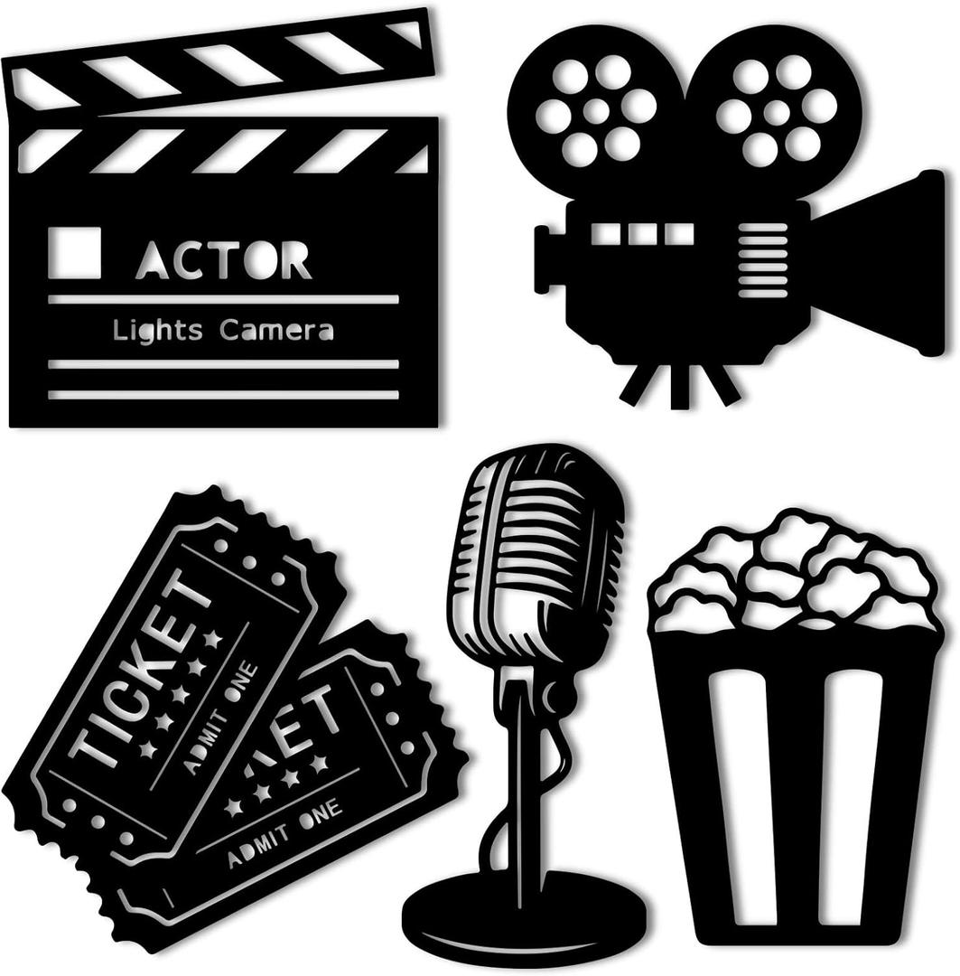 5 Pieces Media Room Decor Wooden Movie Reel Home Theater Decor Cinema Wall Art Movie Reel Theater Action Popcorn Ticket Sign Movie Night Theme Party Decorations for Home Bedroom Office Studio
