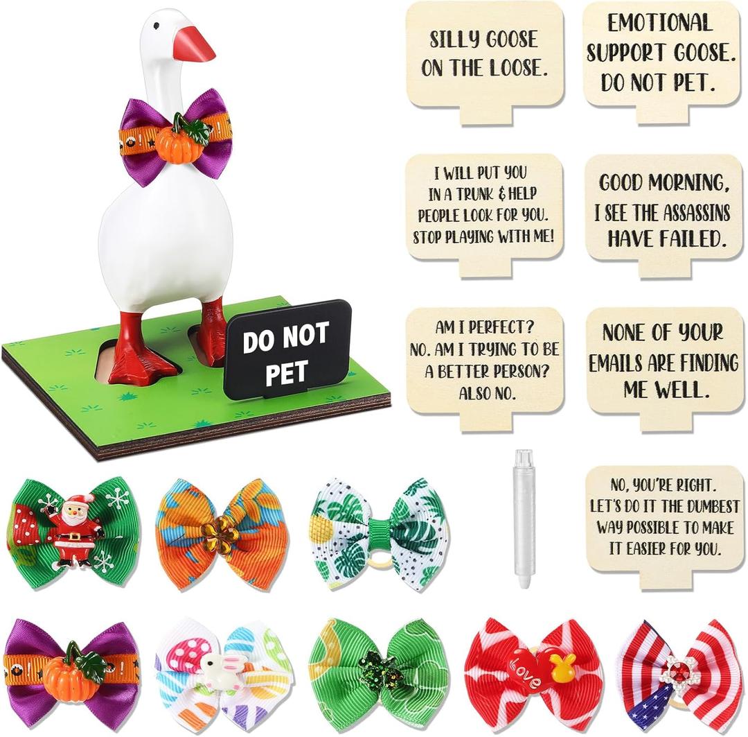 Magnetic Goose Key Holder Cute Resin Goose Statue with Mini Bow Tie Writable Interchangeable Signs Chalk for New Apartment Housewarming Gifts Office Table Desk Home Decor(Classic)