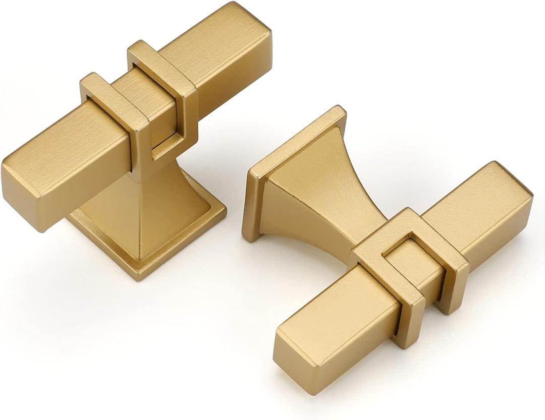 Haliwu 10 Pack Gold Cabinet Knobs, Brass Kitchen Handles Dresser Drawer Pulls, T-bar Hardware