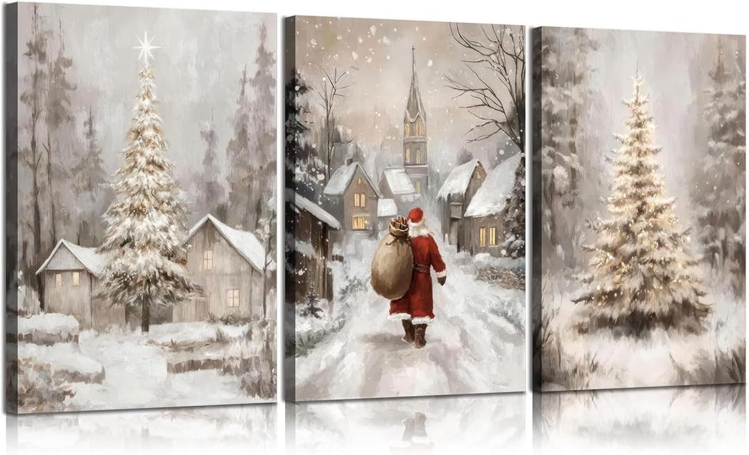 3Pcs Christmas Winter Snow Scene Canvas Wall Art Pine Trees Landscape Wall Decor Picture Retro Country Cabin Snowy Poster Prints for Bedroom Living Room Kitchen Home decorations Framed (12inx16in)