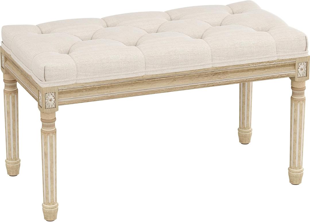 Yusong Upholstered Bench, Bedroom Bench for End of Bed, Piano Bench with Button Tufted Padded Seat for Living Room, Dining, Entryway, Shoe, Vanity Foot-Stool with Carved Wood Legs, Beige, 31.50''*15.75''*18.89''