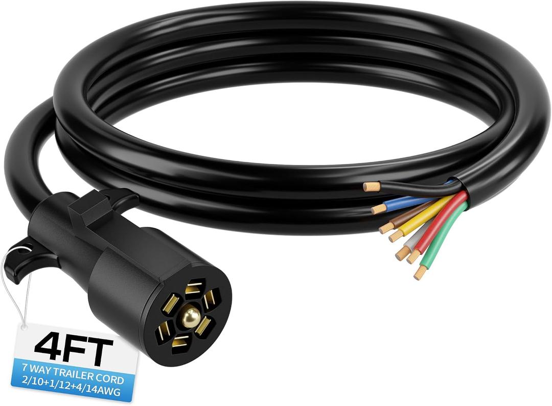 Deluwire 4 FT 7 Pin Trailer Plug, Heavy Duty Trailer Wiring Harness, 7 Way Trailer Cord with Double Prongs Connector for Trailers, RVs, Campers