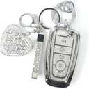 Key Fob Cover with Diamond Keychain for Women, Car Key Holder Compatible with Ford Explorer Fusion Edge Expedition F150 F250 F350 F450 F550 Maverick Mustang, 5 Buttons (Silver-Heart)