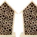 Native Hive Wooden Bee House, Natural Handmade Wooden Bee Box Habitat with Bamboo Tubes,Insect House Shelter for Attracting Peaceful Bee Pollinators (2PCS)