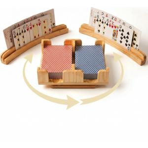 Wooden Playing Card Holder Set with 360 Rotating Tray, Curved Card Holders for Seniors, Holds 2 Decks for Canasta, Bridge, Rummy, Strategy, Family Game Night Game Organizing, Valentine Gift