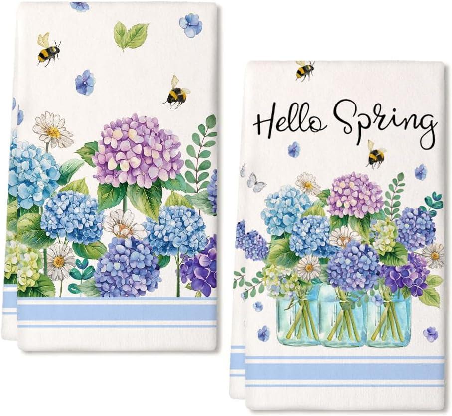Purple Hydrangea Spring Kitchen Towels Set of 2,Bee Vase Flower Dish Hand Towels Farmhouse Indoor Outdoor Holiday Seasonal Decorations DD096 (Blue)