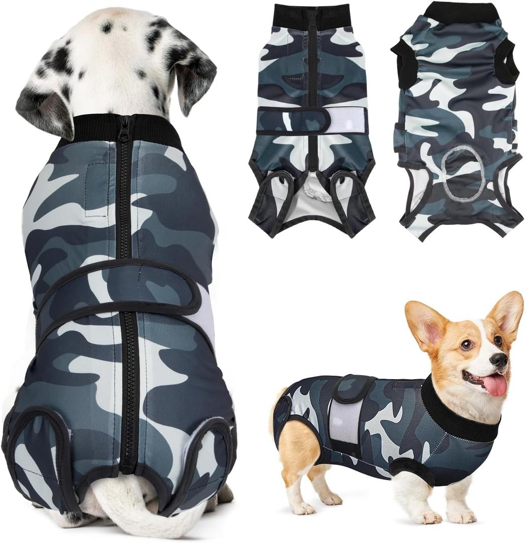 Lukovee Recovery Suit for Dogs, Zipper On Recovery Suit for Female Male Dog, Onesie Abdominal Wounds Cone E-Collar Alternative Prevent Licking Spay Recovery Suit Camouflage, X-Small
