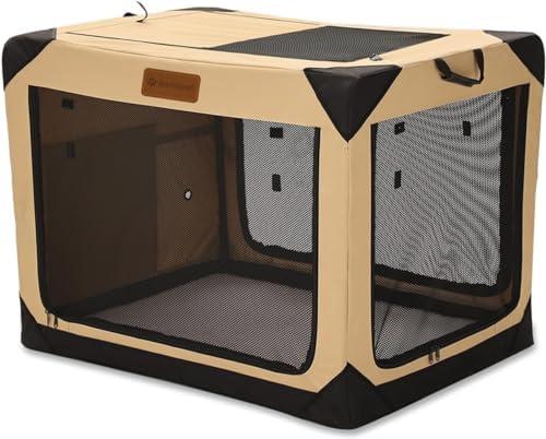 Garnpet 36"  Collapsible Soft Dog Crate for Large Dogs, 4-Door Foldable Travel Dog Kennel with Durable Mesh Windows for Indoor & Outdoor Portable Pet Crate, Soft Side Dog Crate, Beige