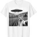 Cat Selfie With Alien UFO Funny Cat Gifts For Men Women Kid T-Shirt (Size Medium, White)