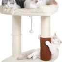 Pawfessor Cat Tree Tower for Large Cats Cat Scratching Post with Cat Self Groomer, 20x15.7 Wide Top Bed, Thick Scratch Post [Dia=4.5] and Danging Ball Great for Indoor Cats-Large Beige