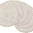 SHACOS Round Placemats Set of 6 Boho Braided Bordered Place Mats 15 inch for Dining Tables Wedding Holiday Party (Ivory Bordered, 6)