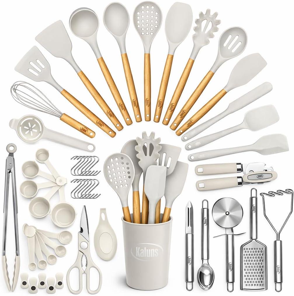 Kaluns 50 PCS Silicone Kitchen Utensils Set Complete Kitchen Set - 800F Heat Resistant Non-Stick Premium Cooking Utensils W Wooden Handles - Can Opener, Masher, Turner, Silicone Spatula Set (Khaki)