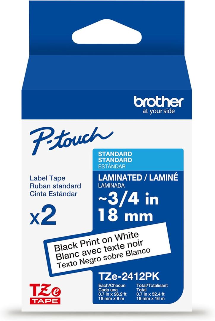 Brother Genuine TZe241~3/4" 2PK Black Print on White Label Tape. Each: 0.7 in x 26.2 ft (18 mm x 8 m) Total: 0.7 in x 52.4 ft (18 mm x 16 m)