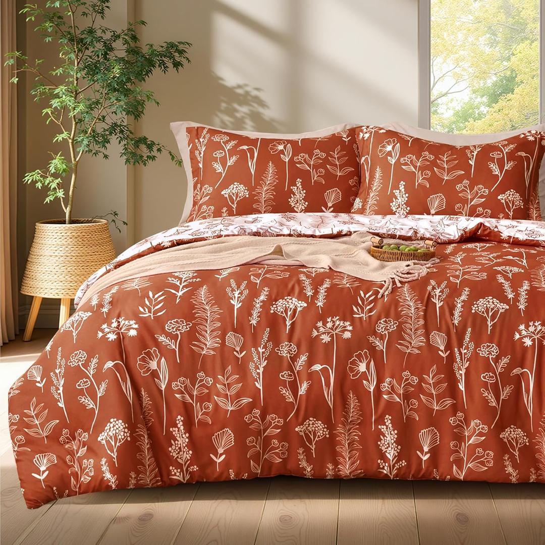 Joiedomi King Size Comforter Set Terracotta, 3 Pieces Floral King Bedding Set with 1 Soft Reversible Botanical Comforter and 2 Pillow Shams, Bed in a Bag for All Seasons