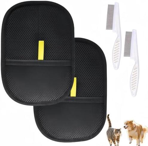 2 Pack 2 Pcs Pet Hair Removal Gloves for Dogs & Cats - Reusable Electrostatic Deshedding Gloves with 2 Brushes for Furniture, Car, Carpet, Bedding