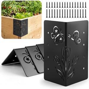 Raised Garden Bed Corner Brackets for Flower Vegetable Furniture Planter Wood Garden Bed Box, Black Metal Corner Brackets Decorative with Screws (Patterned Openwork-4pack, 3"x3"x6 )