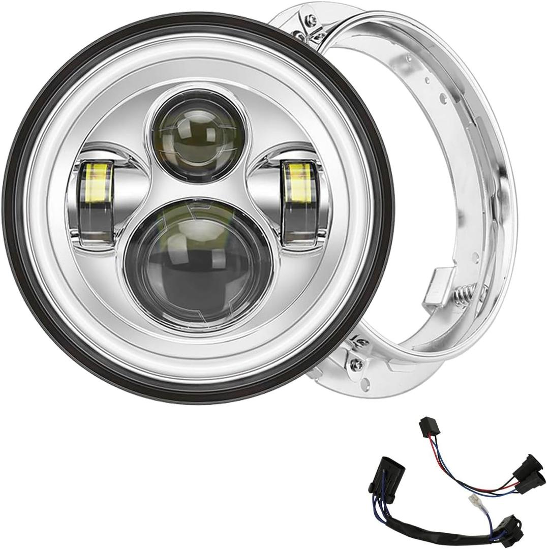 SUNPIE 7 inch Chrome Head light with White Halo Compatible with Street/Tri Glide, Compatible with Electra Glide with Mounting Bracket