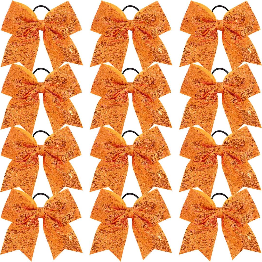 12 Pcs Large Glitter Cheer Bows Ponytail Holder Girls Elastic Hair Ties 8" Big Hair Bows Sports Cheerleaders Accessories for Teens Women Cheerleader Girls (Orange)
