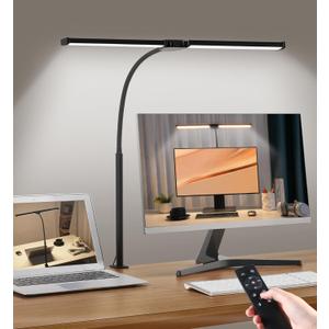 Led Desk Lamp for Home Office, Eye-Care Architect Light with Clamp, Smart Double Head Computer Monitor Table Clip Lamp, Adjustable Flexible Gooseneck, 25 Lighting Models, Task Lamp, Black