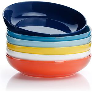 Sweese Pasta Bowls, 30 Ounce Salad Serving Bowls Set of 6, 8.4 Inch Porcelain Plates for Serving Dinner, Salad - Microwave Dishwasher Safe, Hot Assorted Colors