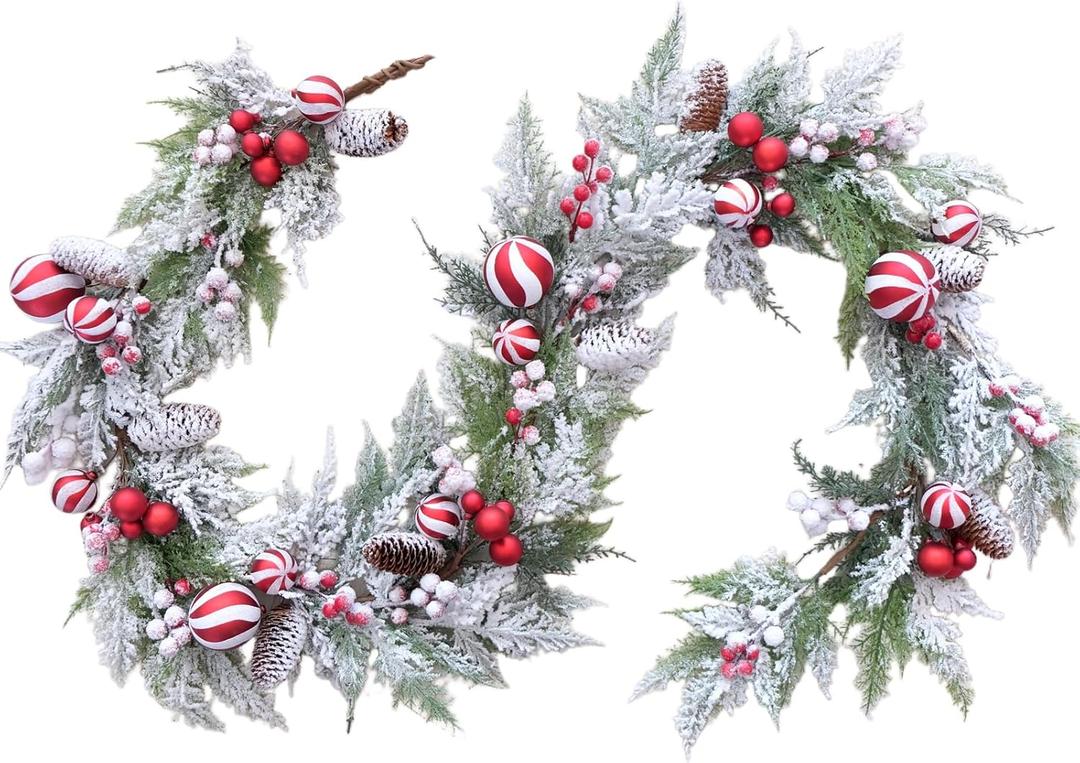 70 Inch Christmas Candy Cane Garland for Front Door, Winter Red White Xmas Holiday Garland for Indoor Outdoor, Christmas Frosted Garland with Berries and Pine Cones
