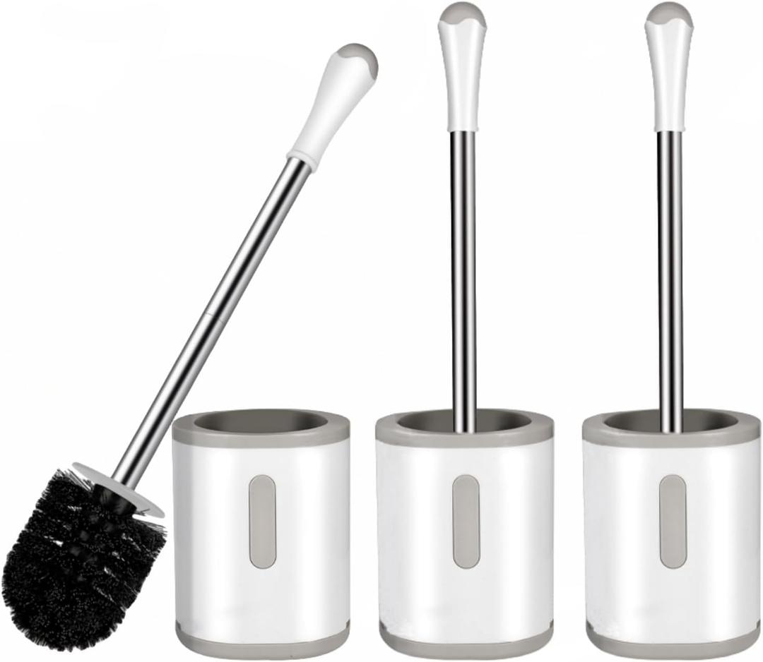 Toilet Brush and Holder Set, 3 Pack with Stainless Steel Handle Toilet Bowl Brush, Compact Toilet Scrubber Brush for Deep Cleaning Bathroom Restroom, Easy to Assemble White & Gray