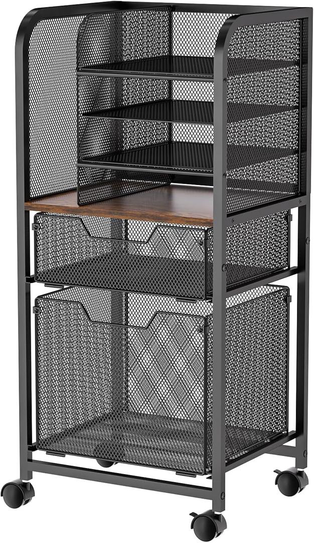 Feyejade 6-Tier Rolling File Cart with 2 Drawers, File Cabinet Organizer for Hanging File Folders, Letter-Size File Storage with Wheels, Multi-Layer Mobile Filing Cabinet for Office and Home (Black)