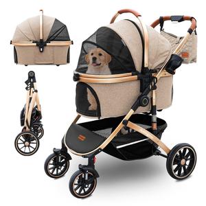 Dog stroller with 4 Wheels, Folding Cat Stroller for Small/Medium/Large dogs & cats to 60 lbs, pet stroller with removable carrier, Storage Basket,Cup Holder,3 in1 Multifunctiona Detachable (Khaki)