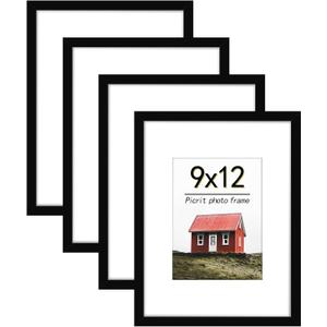 Picrit 9x12 Picture Frame Set of 4, Made of High Definition Real Glass, Display 6x8 with Mat or 9x12 without Mat, Photo Frames for Wall Mounting or Table Top Display, Black