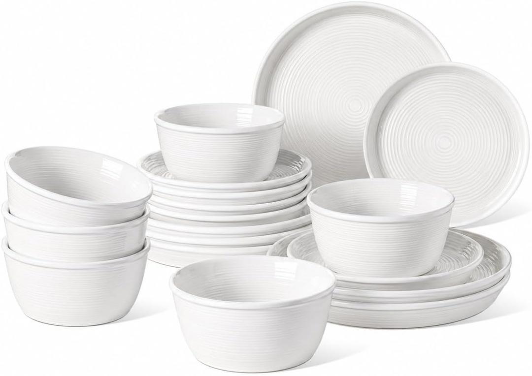 LE TAUCI Ceramic Plates and Bowls Set for 6, 18-Piece Ceramic Dinnerware Set, Farmhouse Dishes Set, Microwave & Dishwasher Safe, Stackable, 10" Dinner+8" Salad Plates+6" Bowls, White