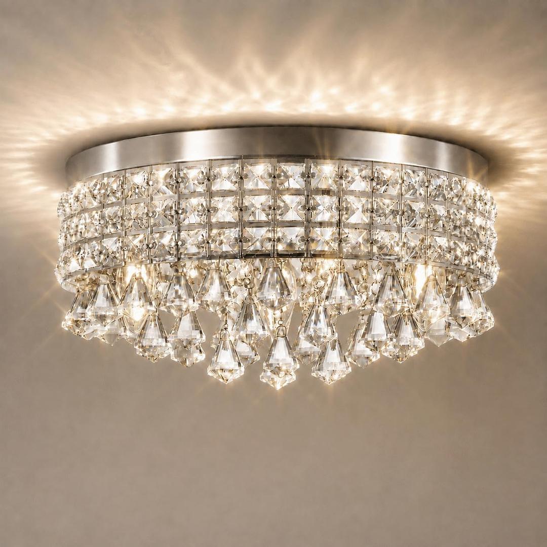 Chrome Crystal Flush Ceiling Light: Modern Dome Bedroom Bathroom Chandelier