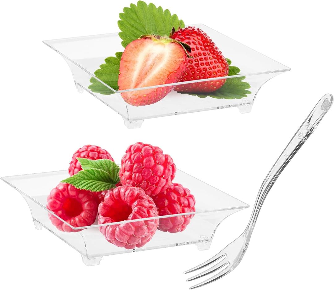 Zezzxu 100 Pack 1 oz Mini Dessert Plates with Forks Reusable Plastic Appetizer Trays Square Small Party Serving Bowls for Trifle, Cheesecake, Ice cream