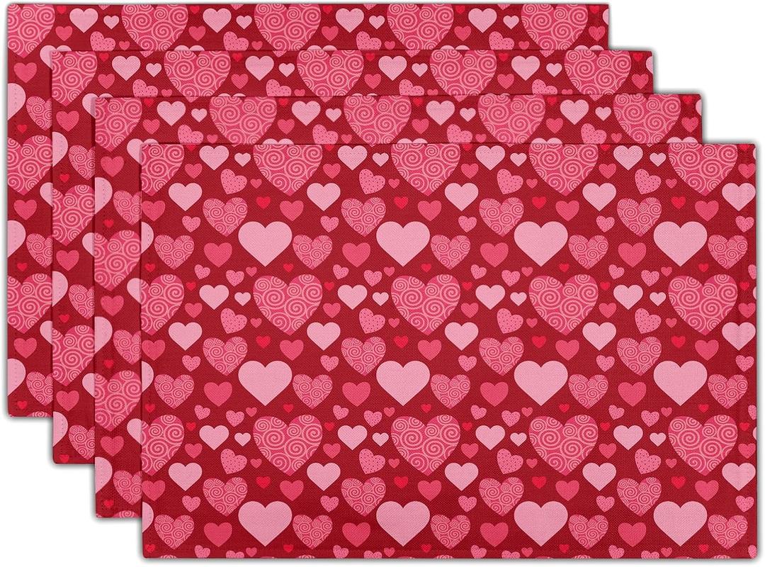 Valentine Placemats Set of 4 - Red Heart Place Mat Pink Love Tablemats 12x18 for Kitchen Dining Table
