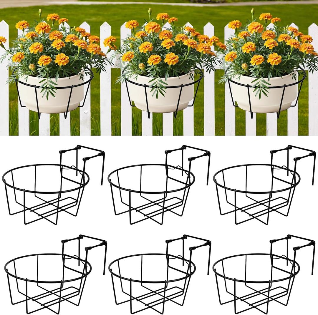 Adjustable Hanging Railing Planter, 6 Pack Fit 1.5 to 4.5 Inches Railing, Weather-Resistant Metal Balcony Rail Planters, Work for Outdoor Fence Deck Garden Patio Halloween Christmas Decor