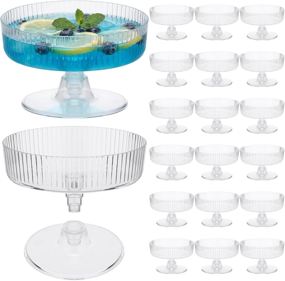 20 Pack Plastic Martini Glasses 6 oz Disposable Vintage Ribbed Coupe Glasses Detachable Champagne Tower Cocktail Unbreakable Dessert Glassware for Wedding Birthday Party Anniversary