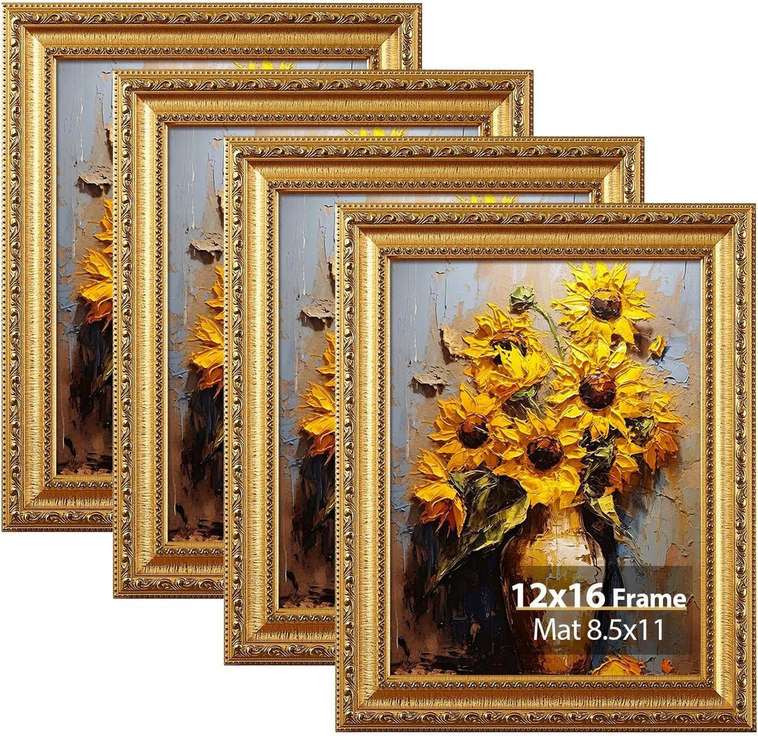 Splinterix 12x16 Picture Frame Gold Vintage, Matted to 8.5x11 Print, 4 Pack