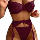 Lilosy Sexy Choker Floral Lace Underwire Push Up Garter Belt Lingerie Set for Women Sheer Bra and Panty 3 Piece (Medium, Burgundy Red)
