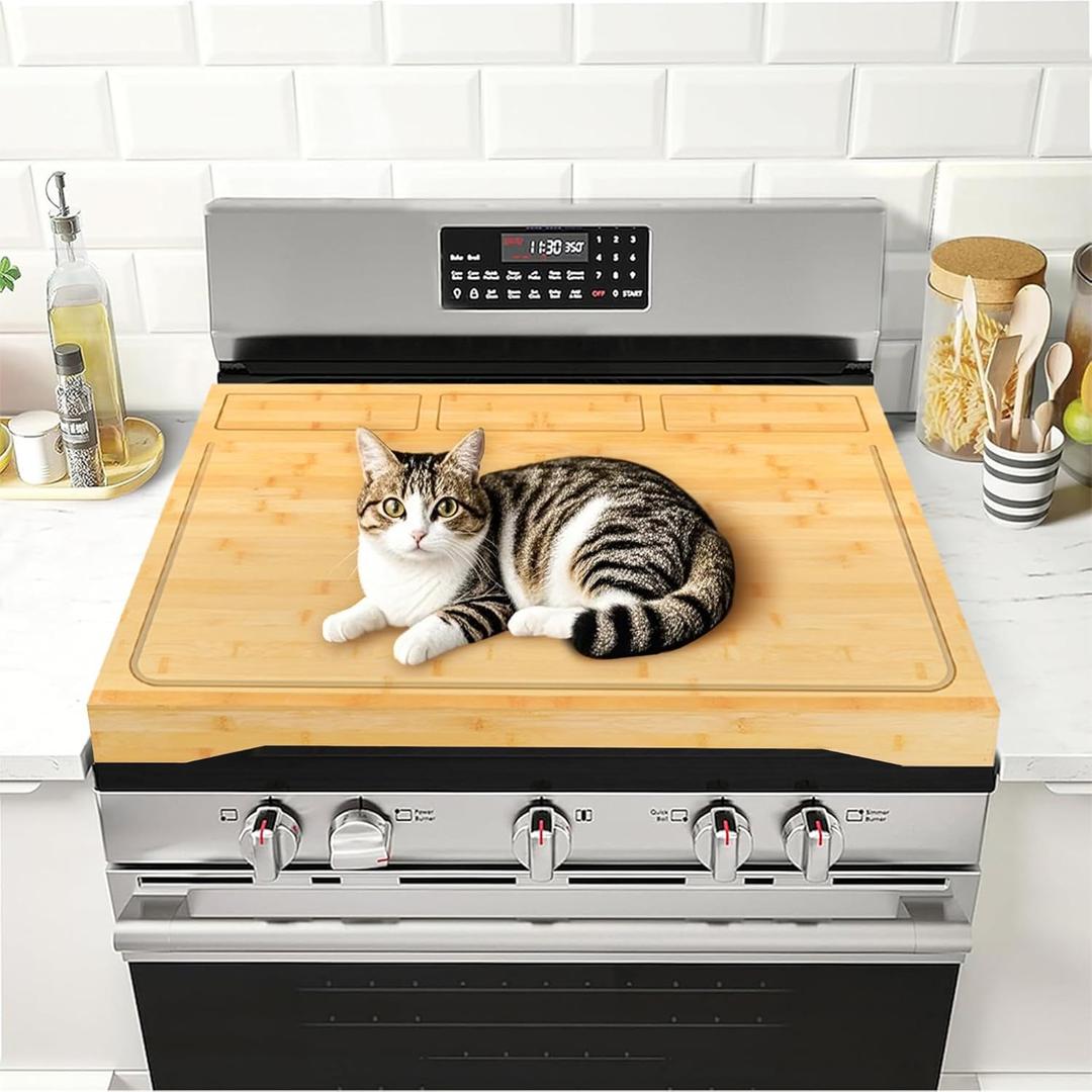 Stove Top Covers for Electric Gas Stove Burners, Bamboo Noodle Board Stove Cover, 30"L X 22"W X 3" Rv Stove Top Cover Cutting Board With Handles And Juice Grooves for Kitchen And Countertop