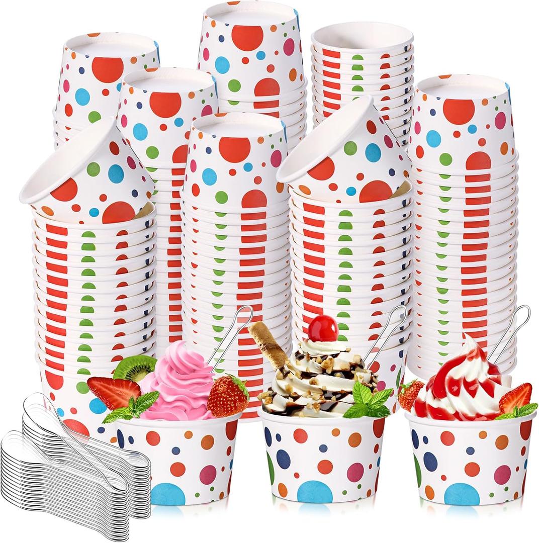 Boao 200 Set 5 oz Ice Cream Cups with Spoons Disposable Paper Sundae Dessert Bowls Summer Party Supplies (Bright Style)