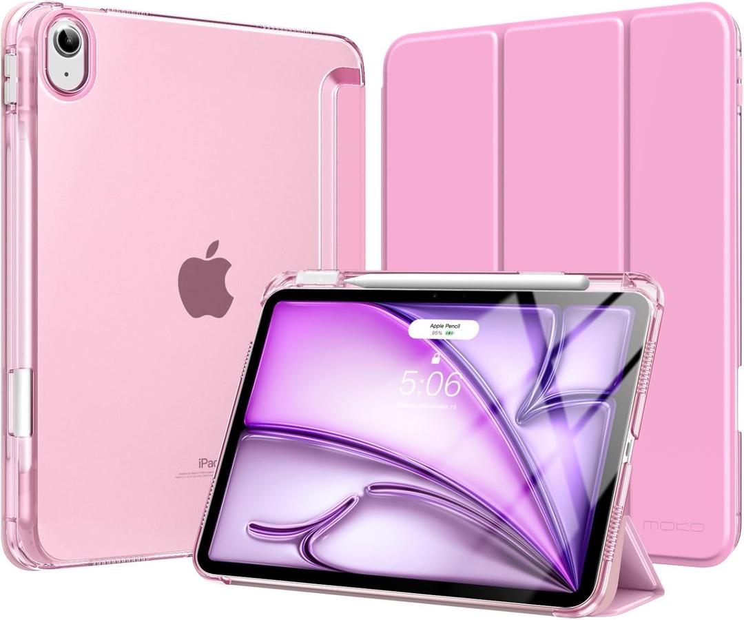 MoKo for iPad Air 11 inch Case M3/M2 2025/2024, iPad Air 5th/4th Gen 10.9 inch Case 2022/2020 with Pencil Holder, Slim Lightweight Trifold Cover with Hard PC Translucent Back Shell, Pink