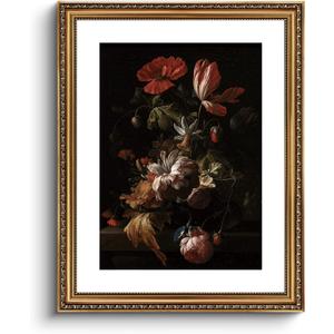ARPEOTCY Vintage Gold Framed Large Wall Art, Retro Still life Floral Flowers in a Bowl Canvas Prints Artwork with Antique Frame, Victorian Wall Paintings Decor for Living Room Gallery, 16x20 inch (20L" x 16W", Flowers in Bowl)