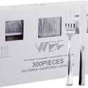 WDF 300 Pieces Silver Plastic Silverware - Plastic Silverware Heavy Duty - 100 Forks 100 Knives 100 Spoons - Disposable Silver Cutlery Perfect for Party/Wedding/Christmas