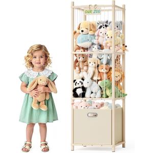 Stuffed Animal Storage Organizer - Large Wooden Toy Organizer with Drawer for Nursery, Bedroom, Kid room, Natural Pine Material, Space-Saving